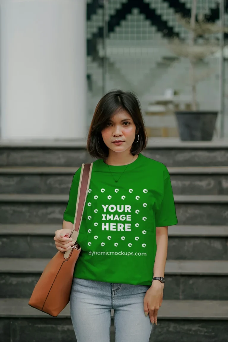 Woman Wearing Green T-shirt Mockup Front View Template