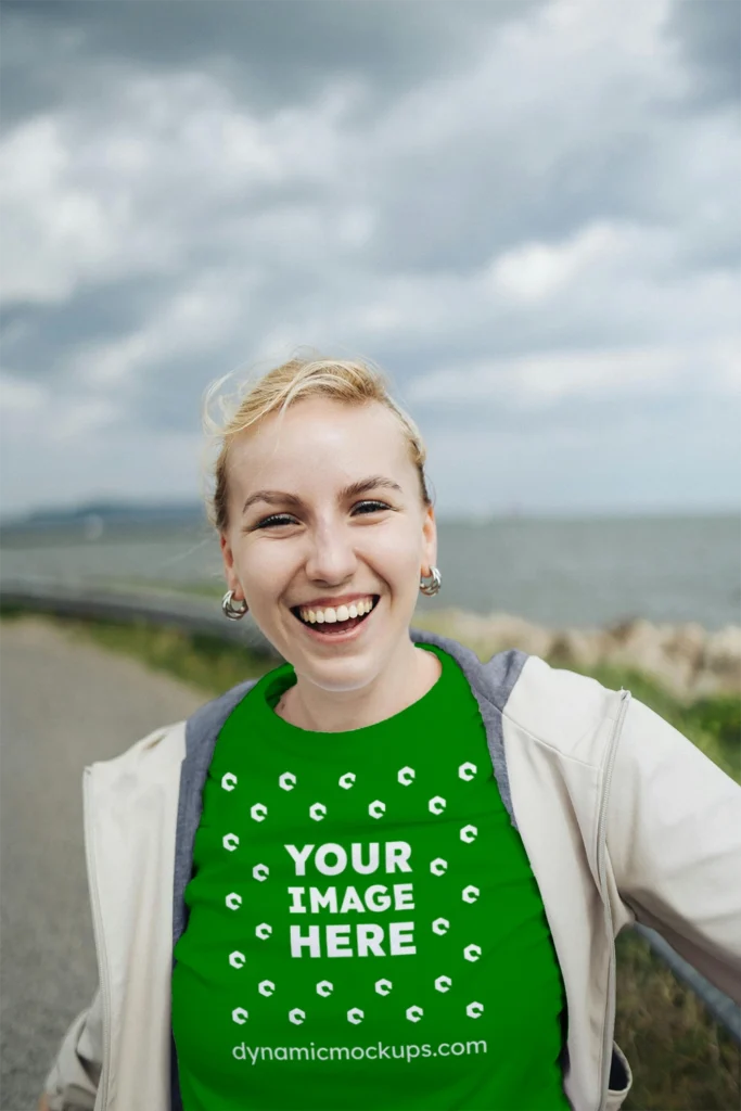 Woman Wearing Green T-shirt Mockup Front View Template
