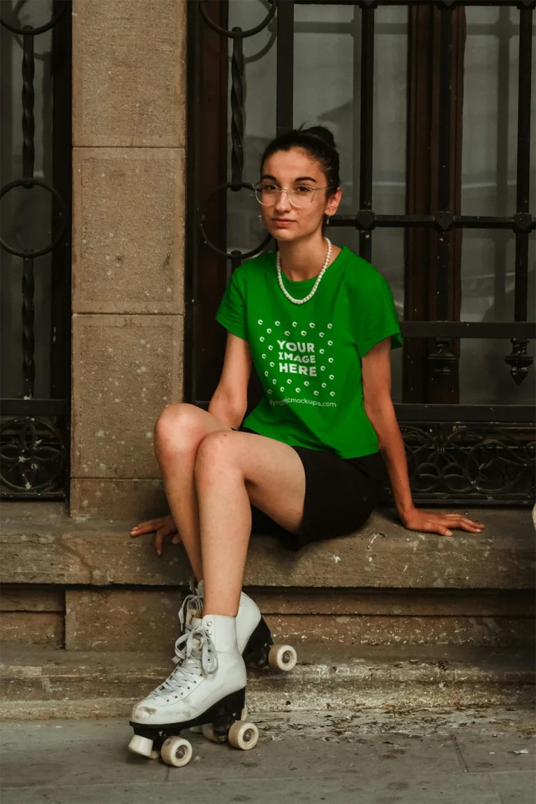 Woman Wearing Green T-shirt Mockup Front View Template