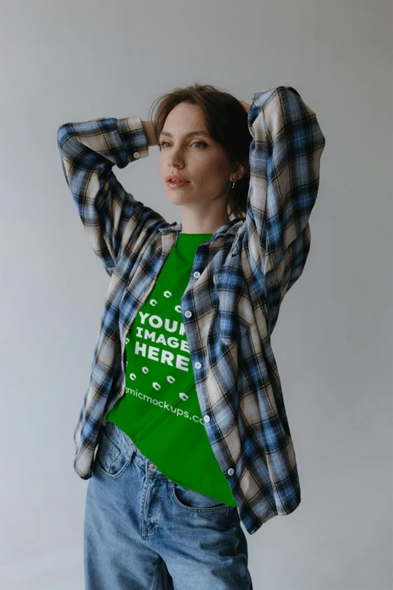 Woman Wearing Green T-shirt Mockup Front View Template