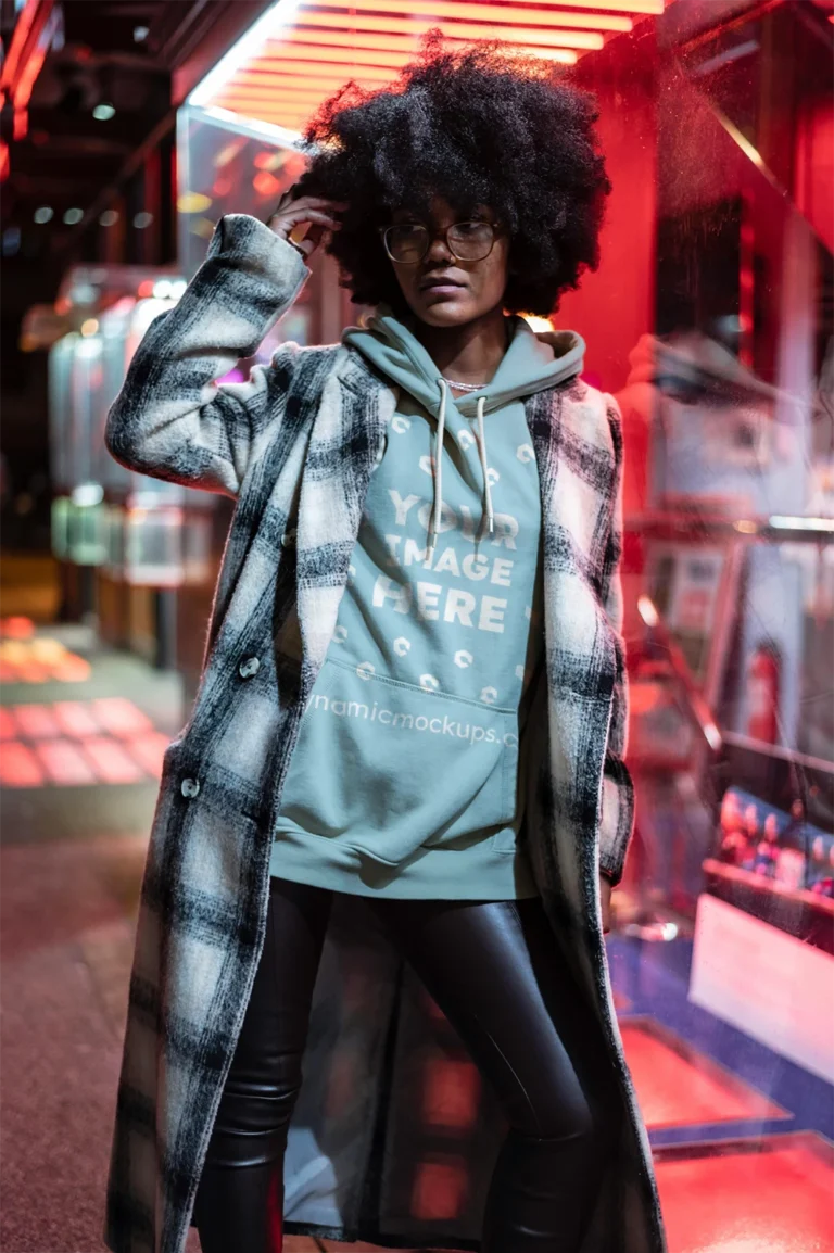 Woman Wearing Light Blue Hoodie Mockup Front View Template
