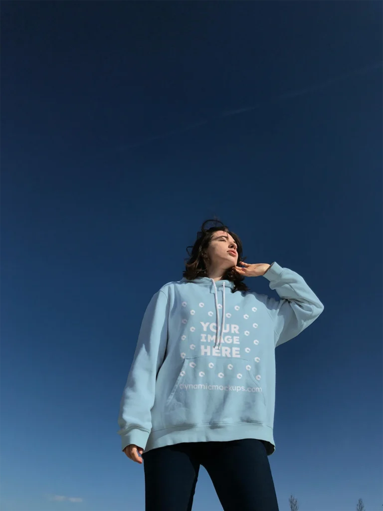 Woman Wearing Light Blue Hoodie Mockup Front View Template