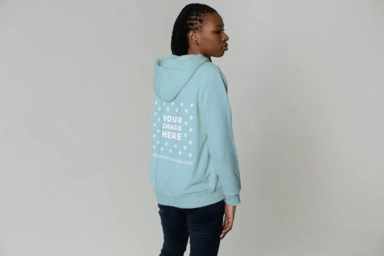 Woman Wearing Light Blue Hoodie Mockup Back View Template