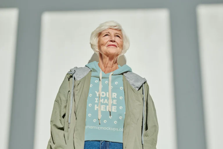 Woman Wearing Light Blue Hoodie Mockup Front View Template