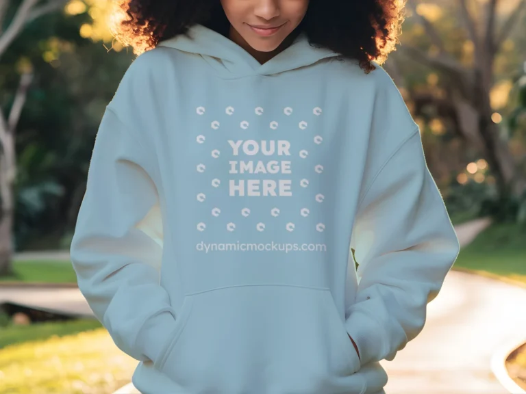 Woman Wearing Light Blue Hoodie Mockup Front View Template
