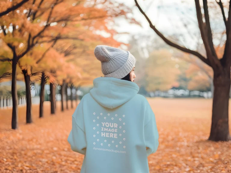 Woman Wearing Light Blue Hoodie Mockup Back View Template