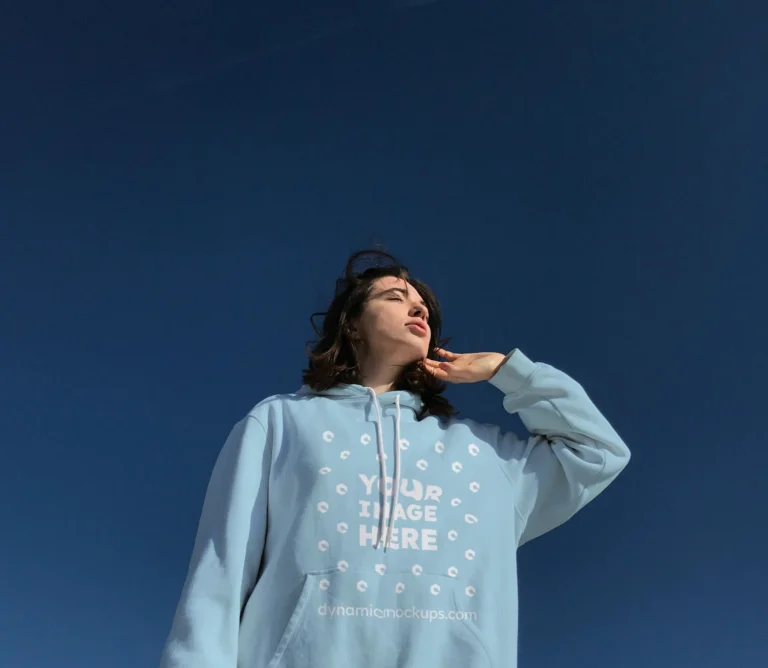 Woman Wearing Light Blue Hoodie Mockup Front View Template