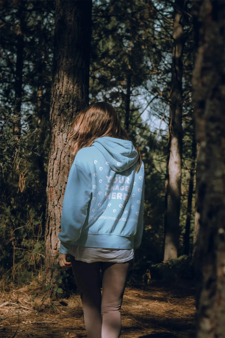 Woman Wearing Light Blue Hoodie Mockup Back View Template