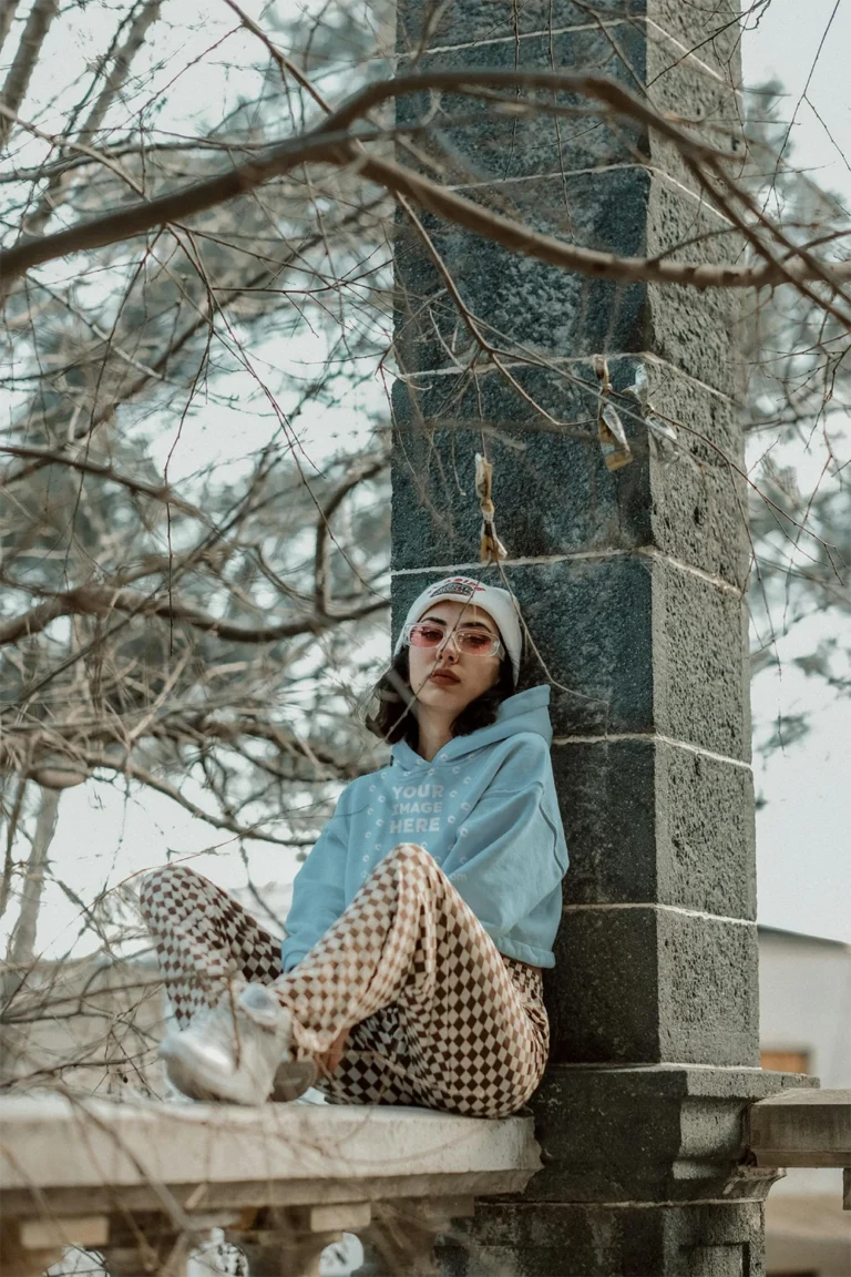 Woman Wearing Light Blue Hoodie Mockup Front View Template