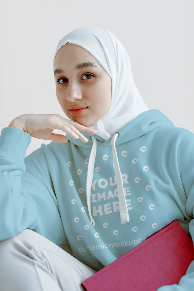 Woman Wearing Light Blue Hoodie Mockup Front View Template
