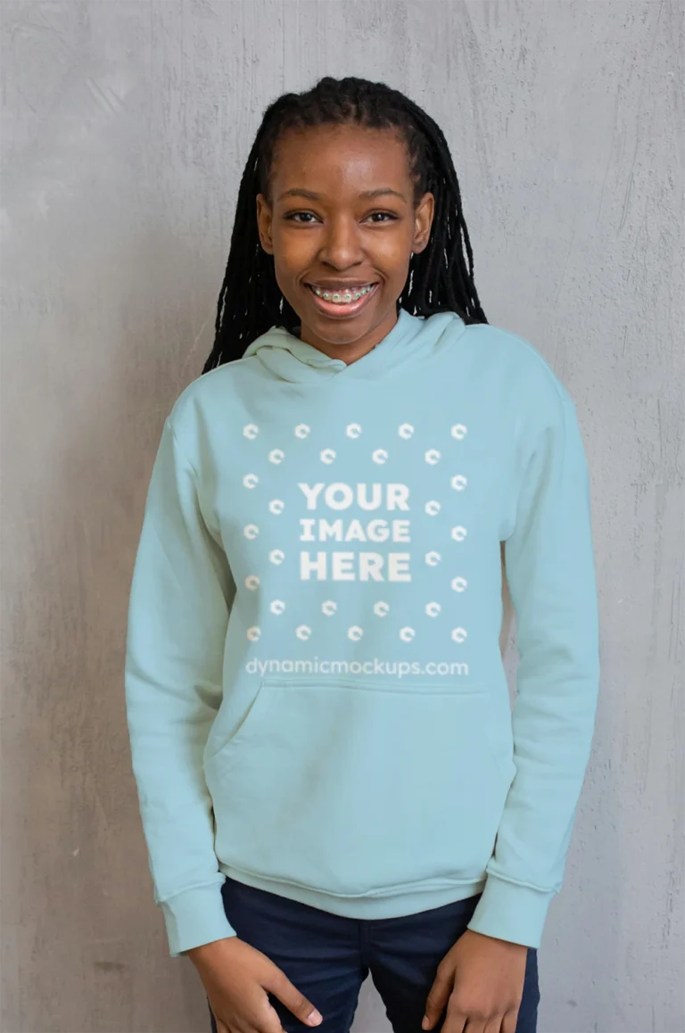 Woman Wearing Light Blue Hoodie Mockup Front View Template