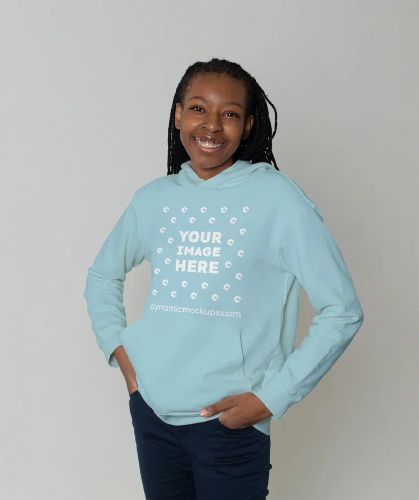 Woman Wearing Light Blue Hoodie Mockup Front View Template