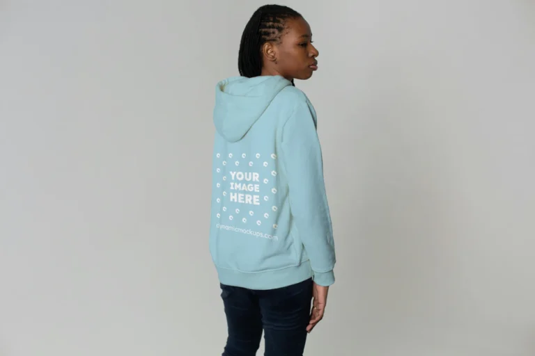 Woman Wearing Light Blue Hoodie Mockup Back View Template