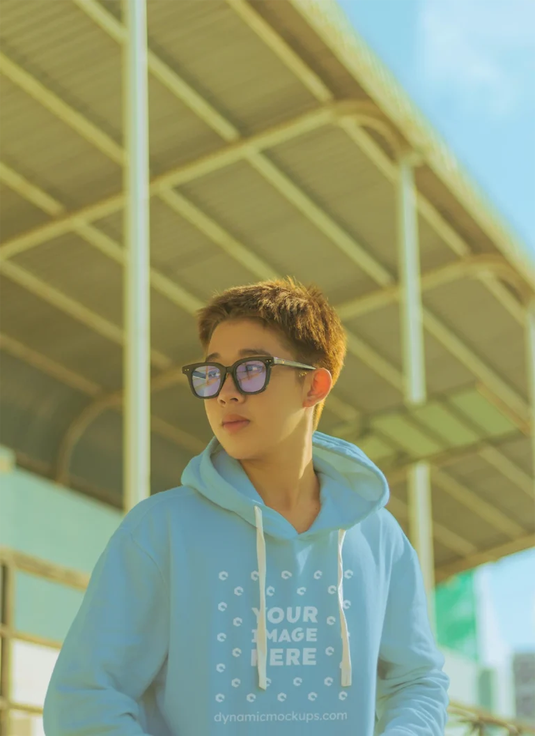Woman Wearing Light Blue Hoodie Mockup Front View Template