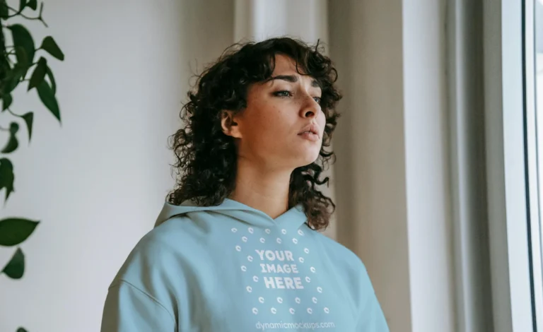 Woman Wearing Light Blue Hoodie Mockup Front View Template