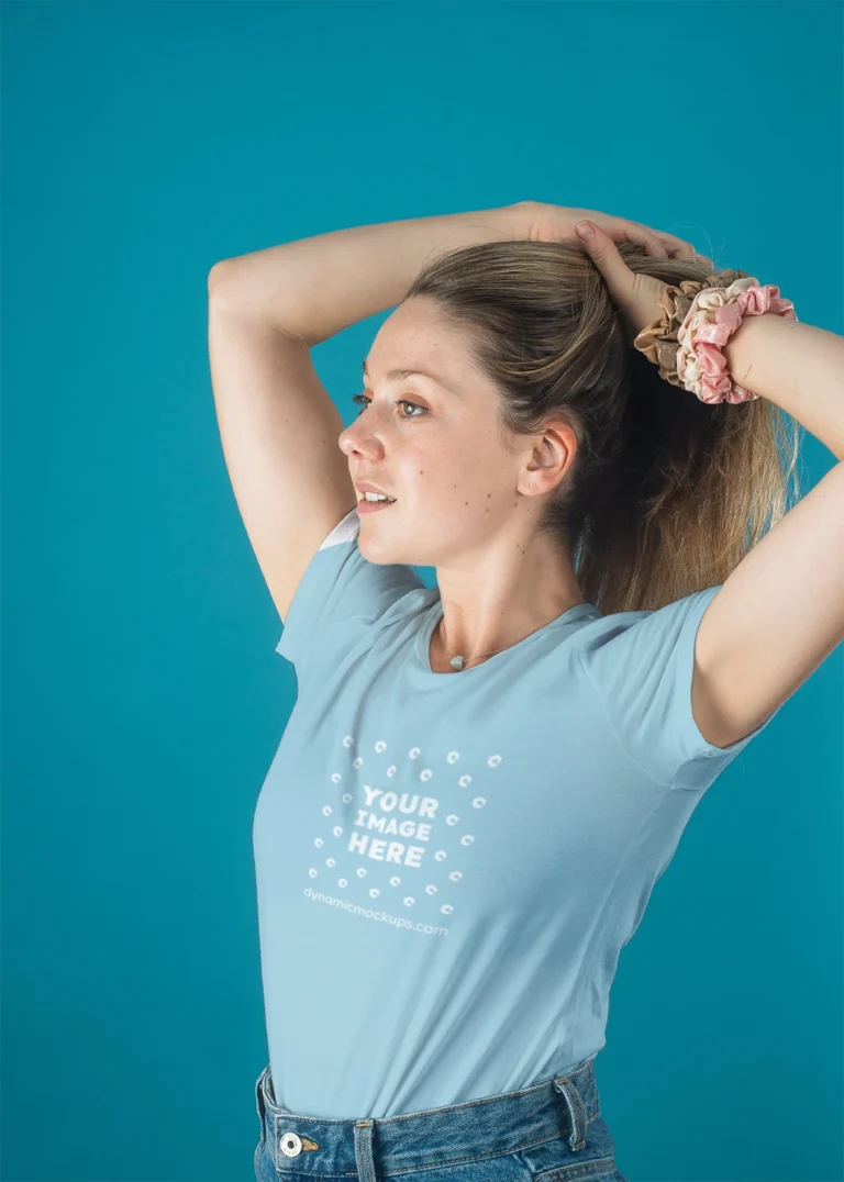 Woman Wearing Light Blue T-shirt Mockup Front View Template