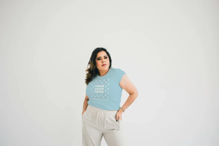 Woman Wearing Light Blue T-shirt Mockup Front View Template