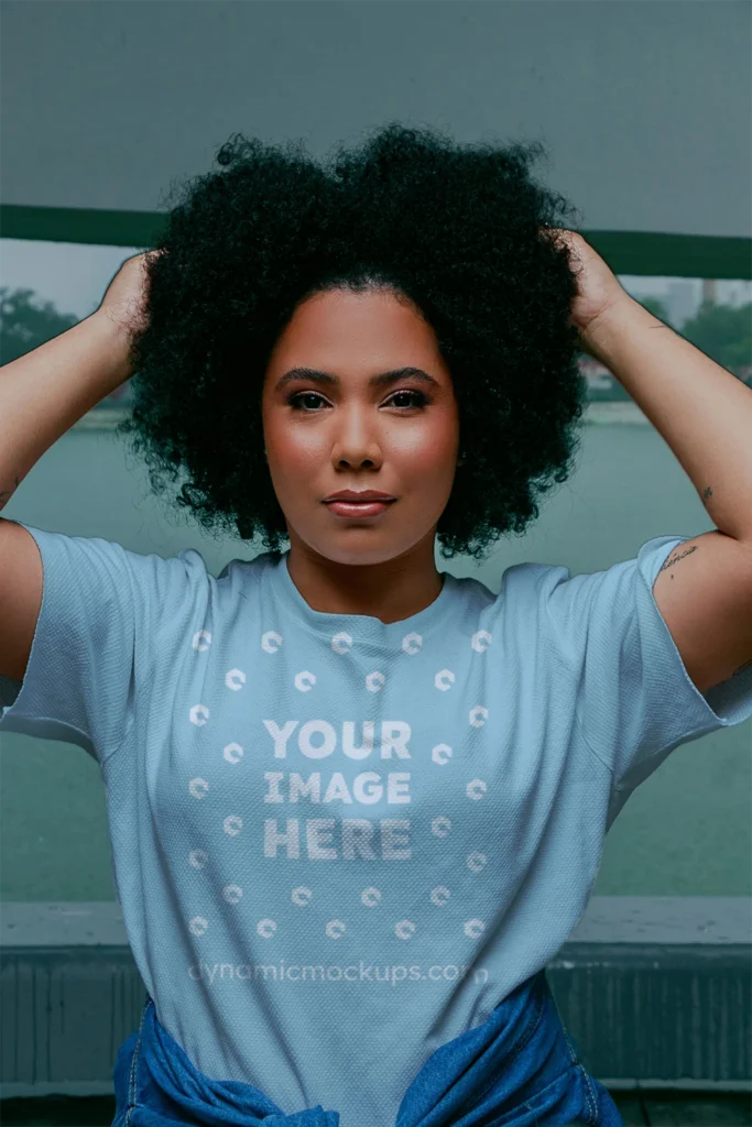 Woman Wearing Light Blue T-shirt Mockup Front View Template