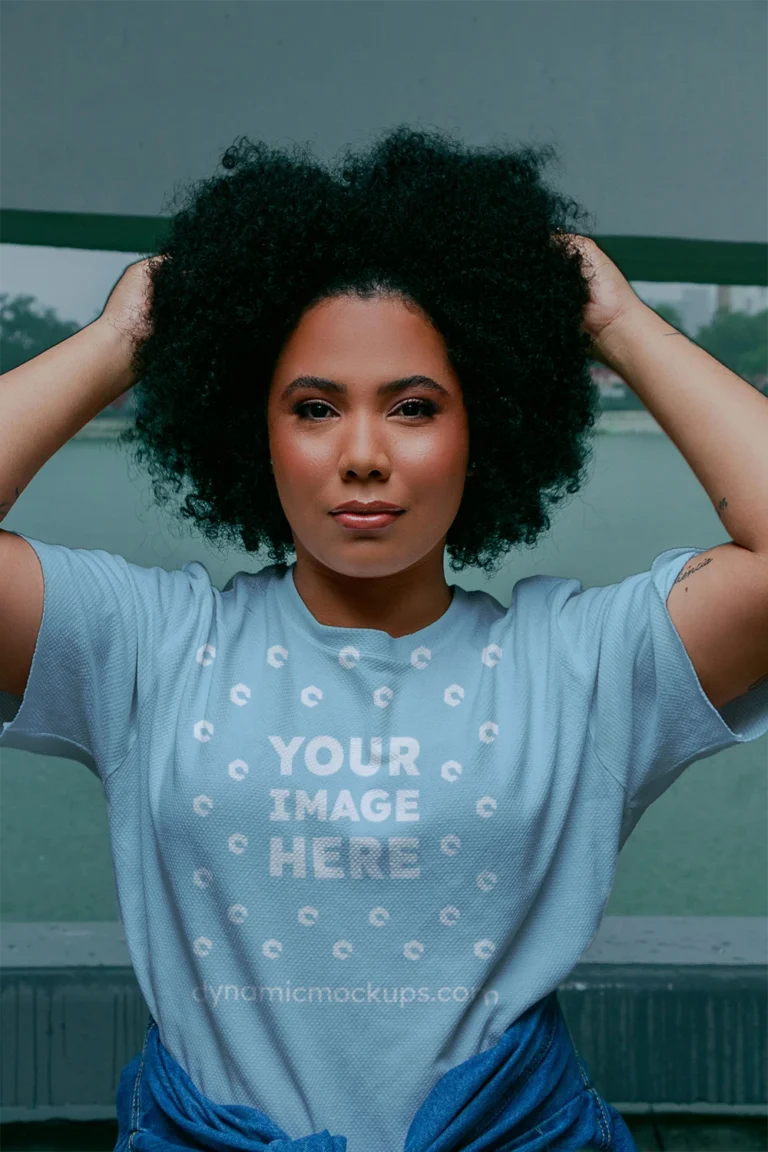 Woman Wearing Light Blue T-shirt Mockup Front View Template