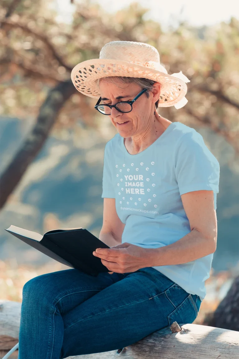 Woman Wearing Light Blue T-shirt Mockup Front View Template