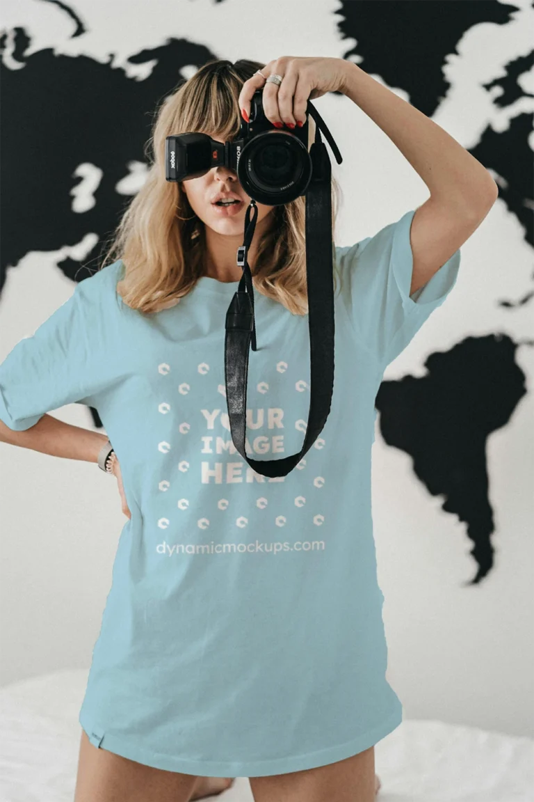 Woman Wearing Light Blue T-shirt Mockup Front View Template