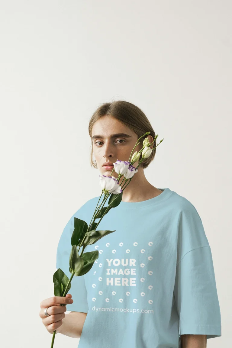 Woman Wearing Light Blue T-shirt Mockup Front View Template