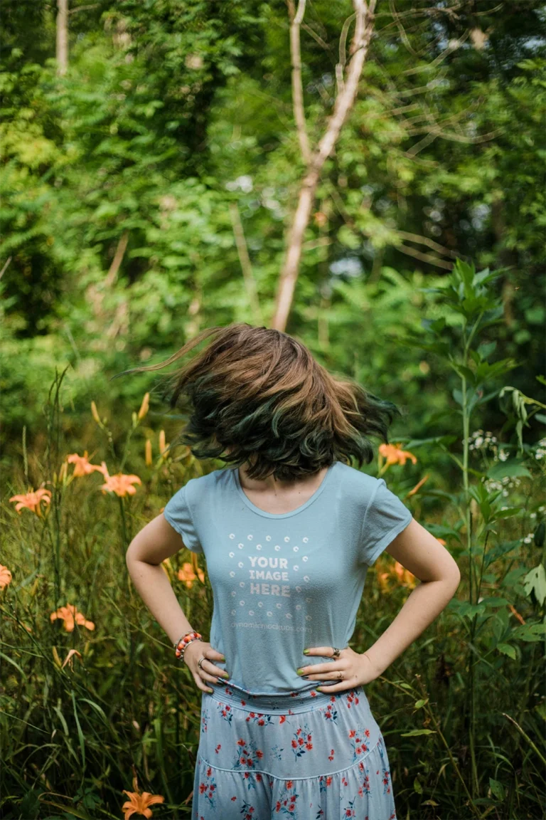 Woman Wearing Light Blue T-shirt Mockup Front View Template