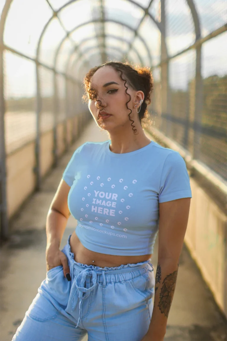 Woman Wearing Light Blue T-shirt Mockup Front View Template
