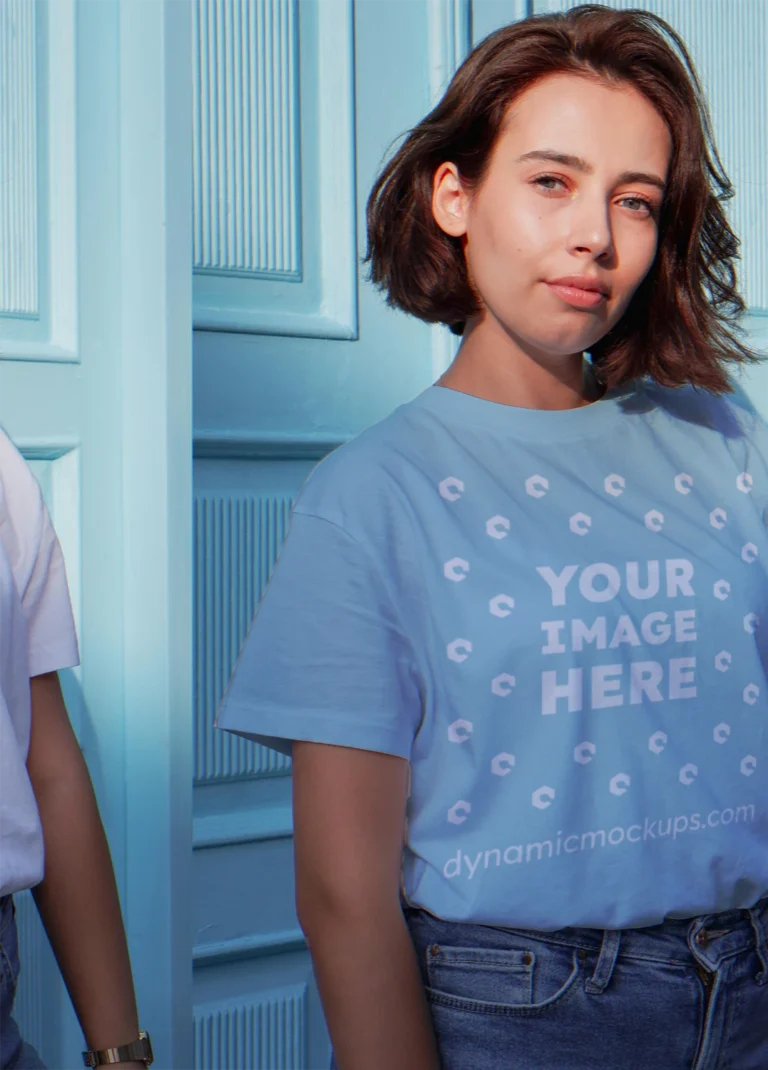 Woman Wearing Light Blue T-shirt Mockup Front View Template