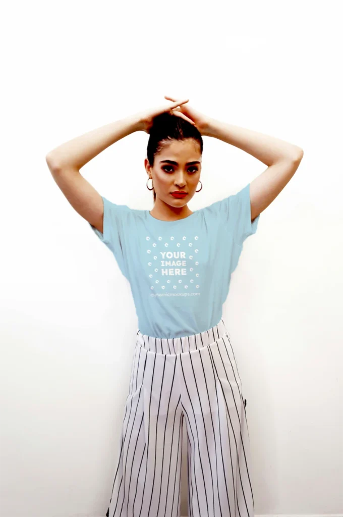 Woman Wearing Light Blue T-shirt Mockup Front View Template