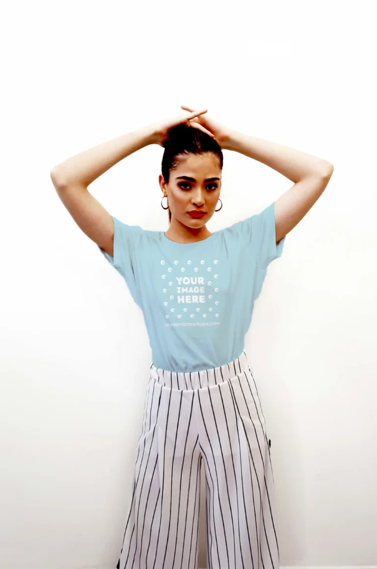 Woman Wearing Light Blue T-shirt Mockup Front View Template