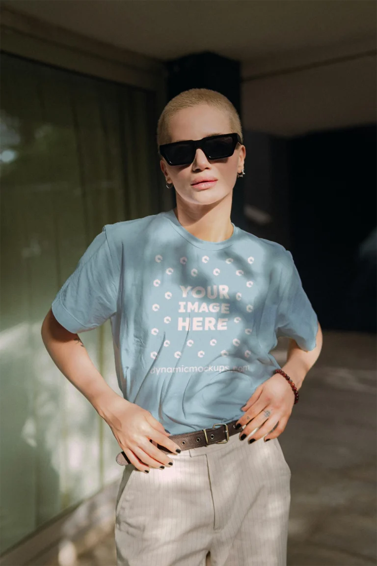 Woman Wearing Light Blue T-shirt Mockup Front View Template