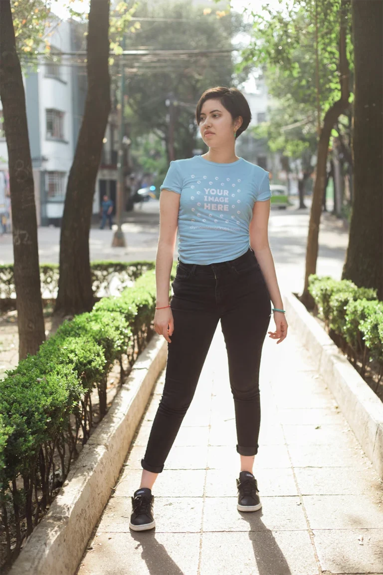 Woman Wearing Light Blue T-shirt Mockup Front View Template