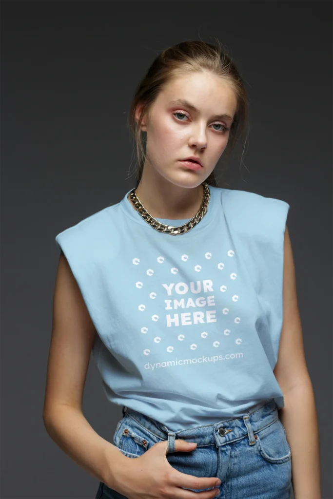 Woman Wearing Light Blue T-shirt Mockup Front View Template