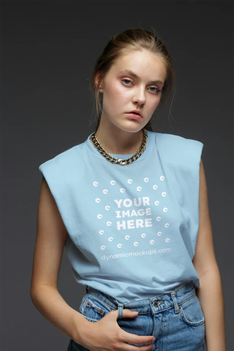 Woman Wearing Light Blue T-shirt Mockup Front View Template