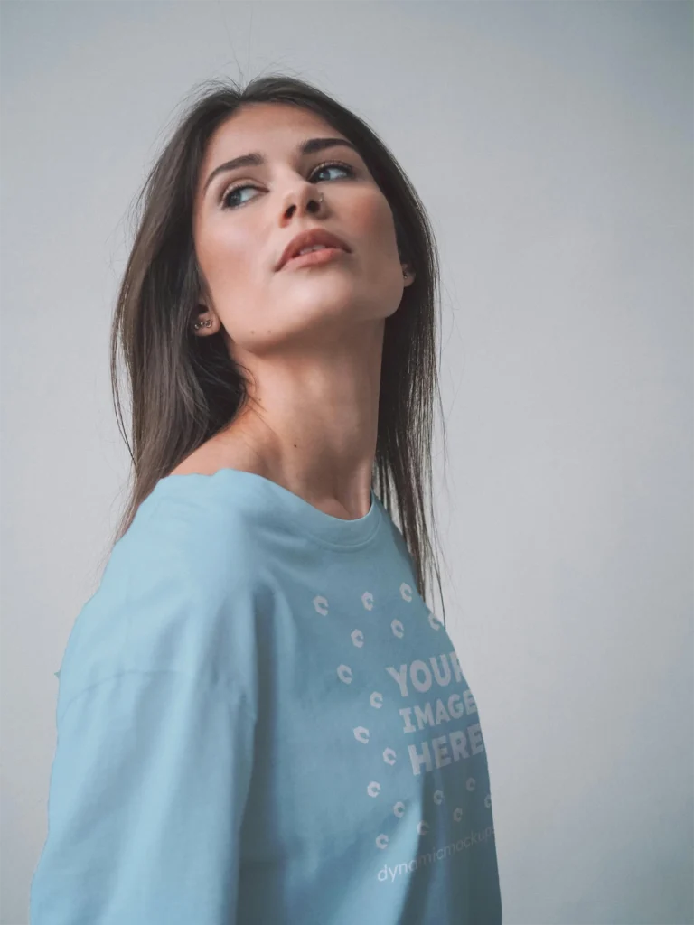 Woman Wearing Light Blue T-shirt Mockup Front View Template