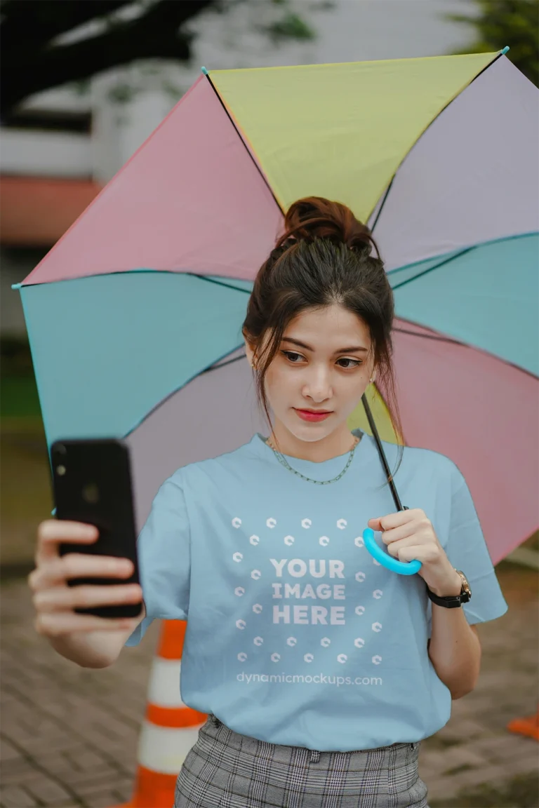 Woman Wearing Light Blue T-shirt Mockup Front View Template
