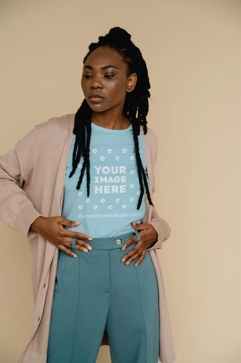Woman Wearing Light Blue T-shirt Mockup Front View Template