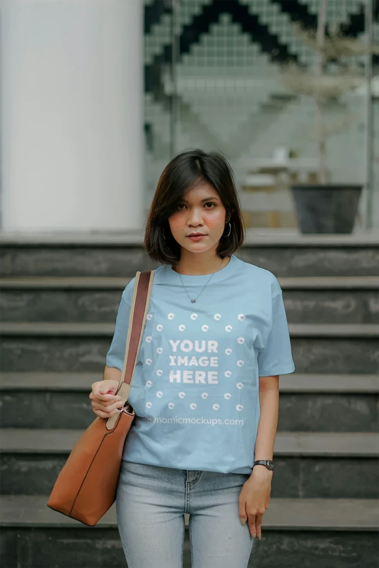 Woman Wearing Light Blue T-shirt Mockup Front View Template