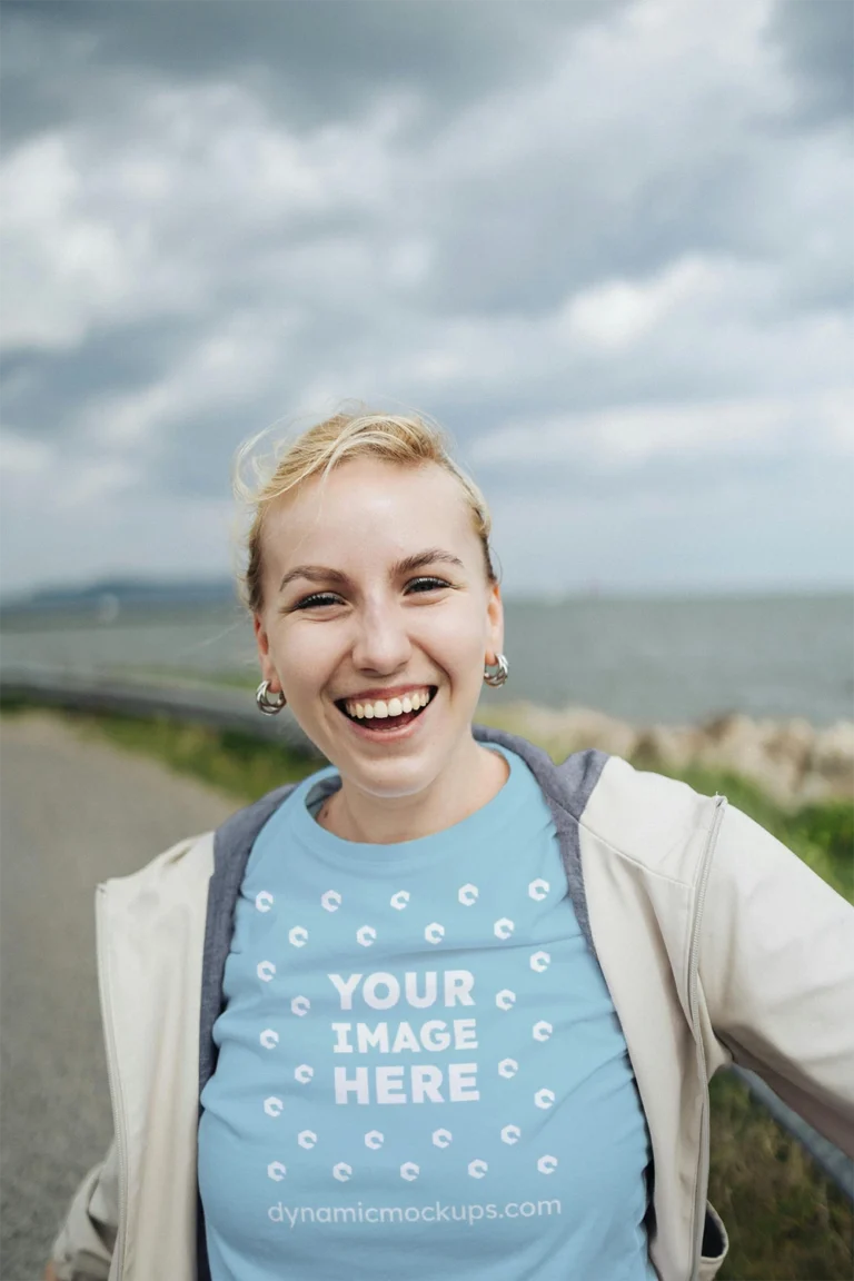 Woman Wearing Light Blue T-shirt Mockup Front View Template