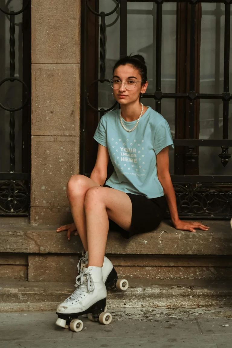 Woman Wearing Light Blue T-shirt Mockup Front View Template