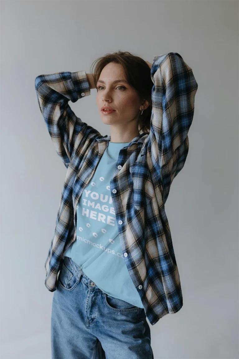 Woman Wearing Light Blue T-shirt Mockup Front View Template