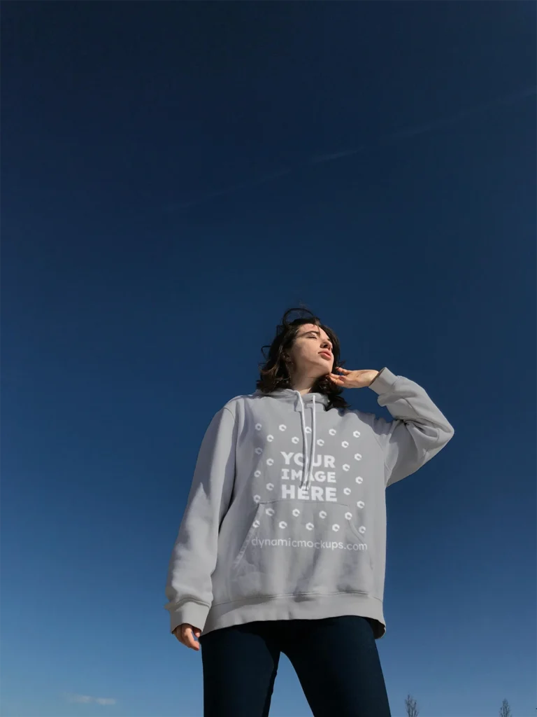 Woman Wearing Light Gray Hoodie Mockup Front View Template