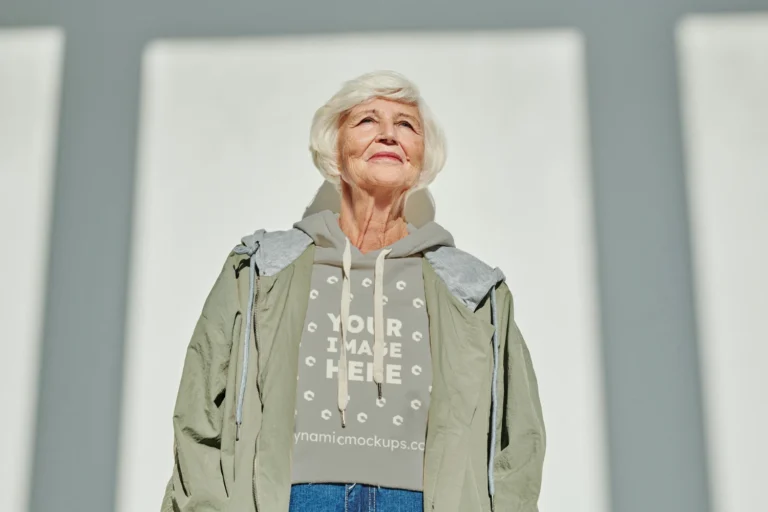 Woman Wearing Light Gray Hoodie Mockup Front View Template