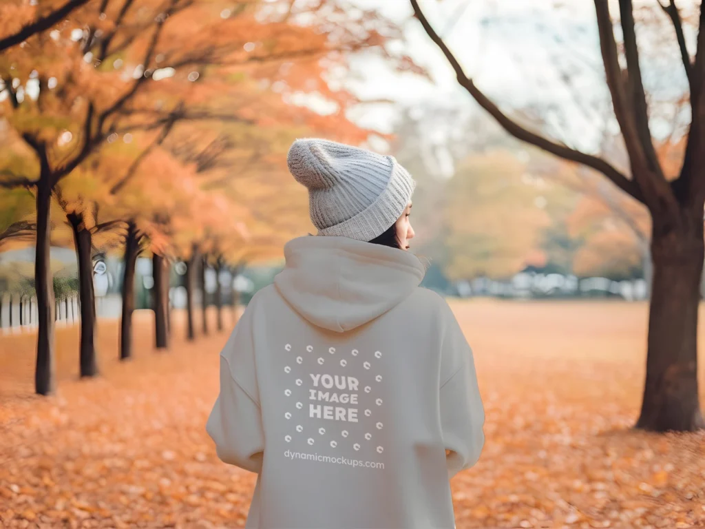 Woman Wearing Light Gray Hoodie Mockup Back View Template