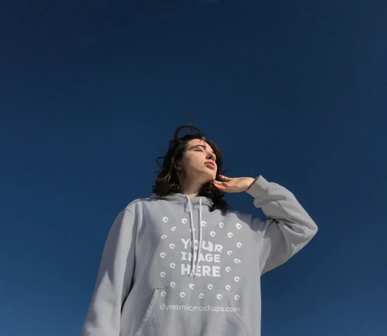 Woman Wearing Light Gray Hoodie Mockup Front View Template