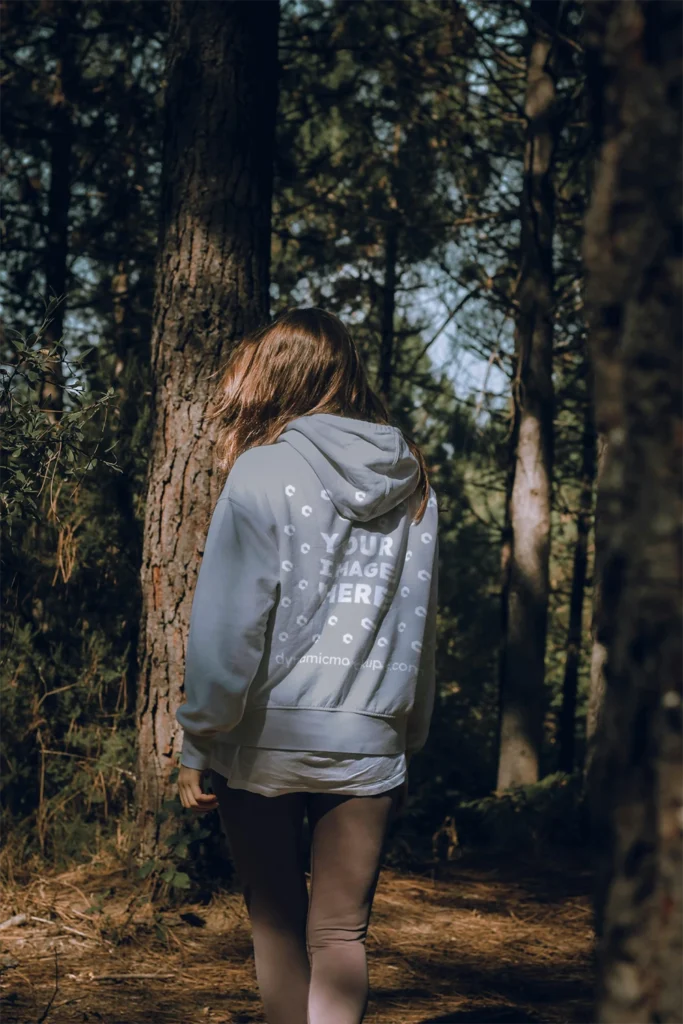 Woman Wearing Light Gray Hoodie Mockup Back View Template