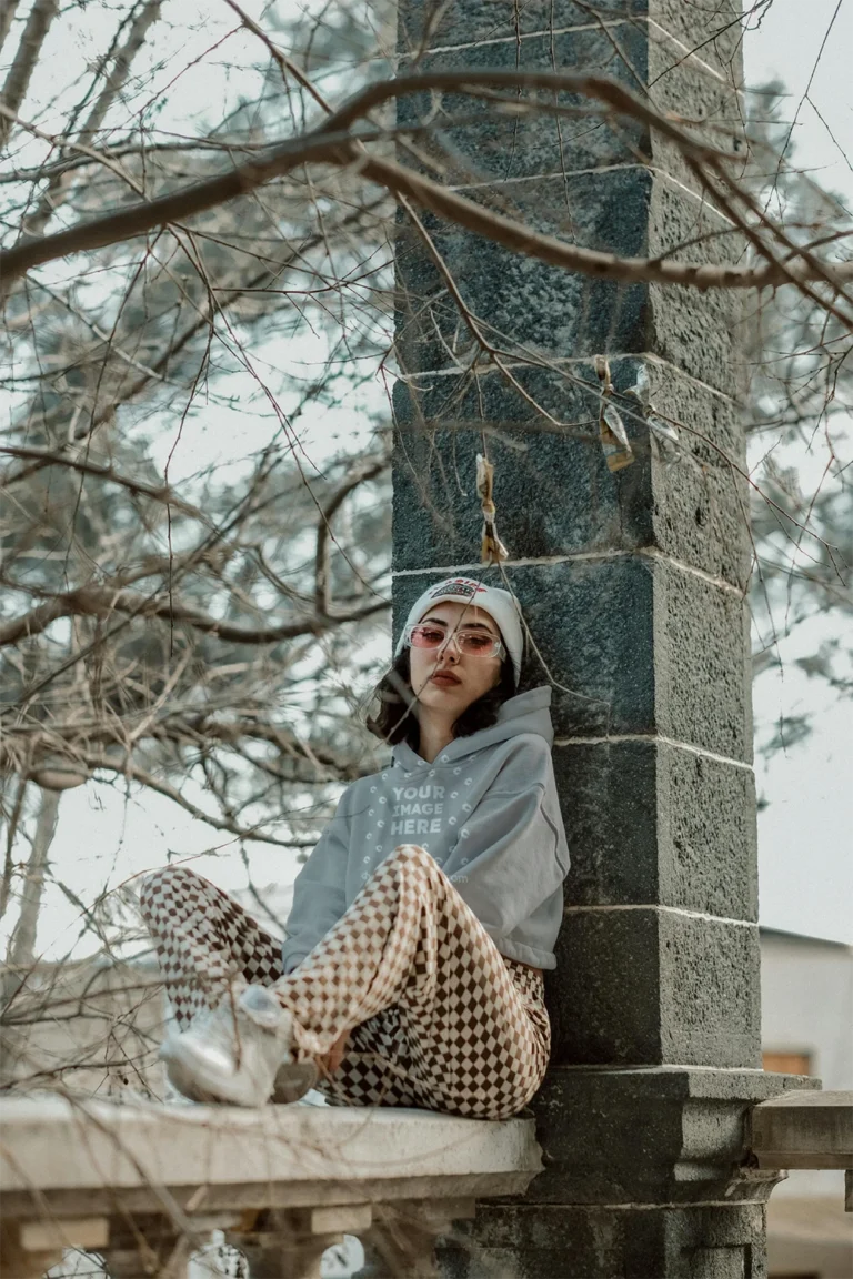 Woman Wearing Light Gray Hoodie Mockup Front View Template