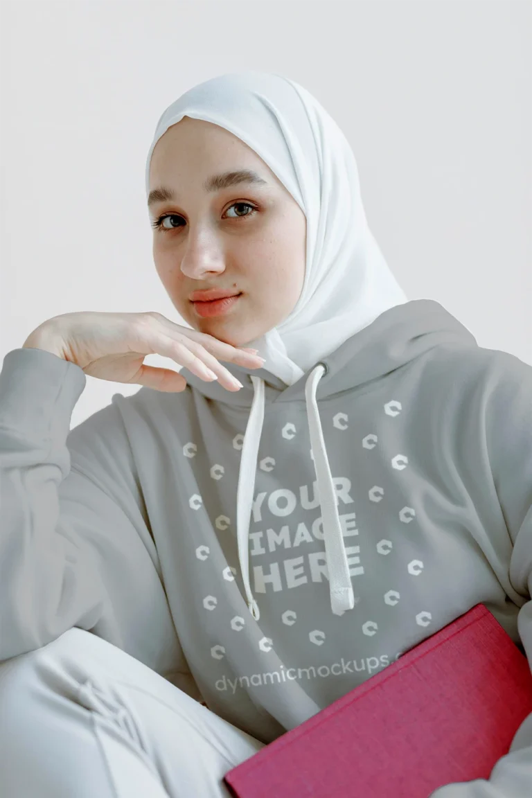 Woman Wearing Light Gray Hoodie Mockup Front View Template