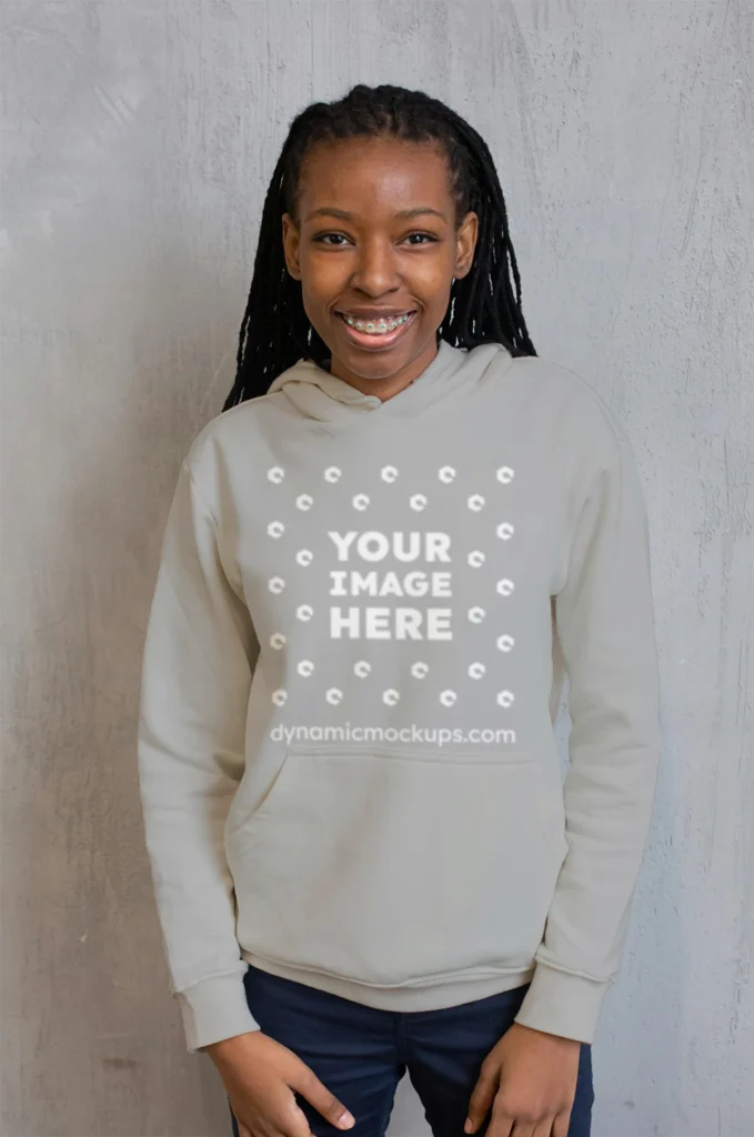 Woman Wearing Light Gray Hoodie Mockup Front View Template